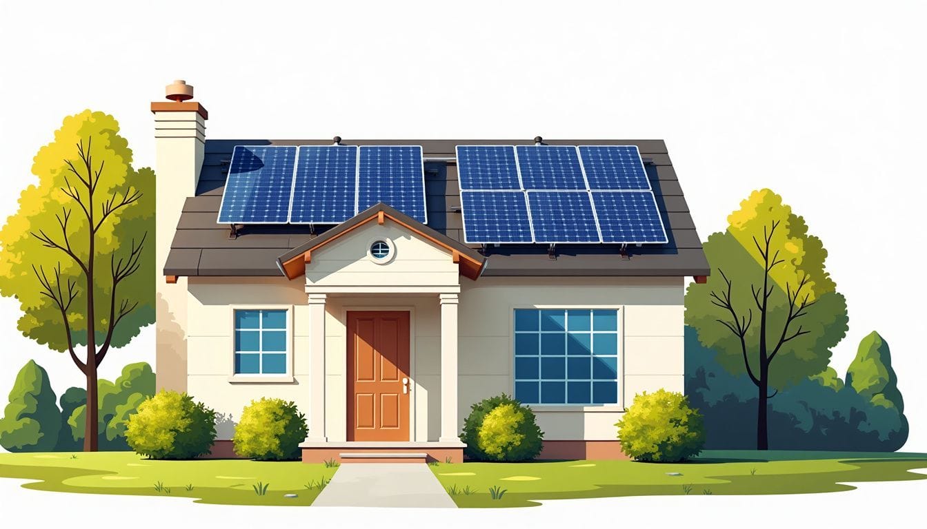 A suburban house with solar panels on the roof.