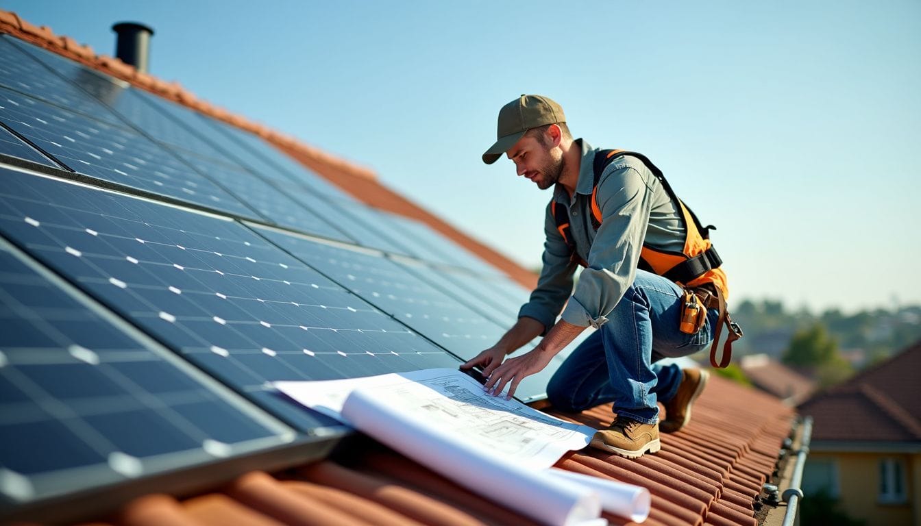 An installer inspecting a residential rooftop for solar panel placement.