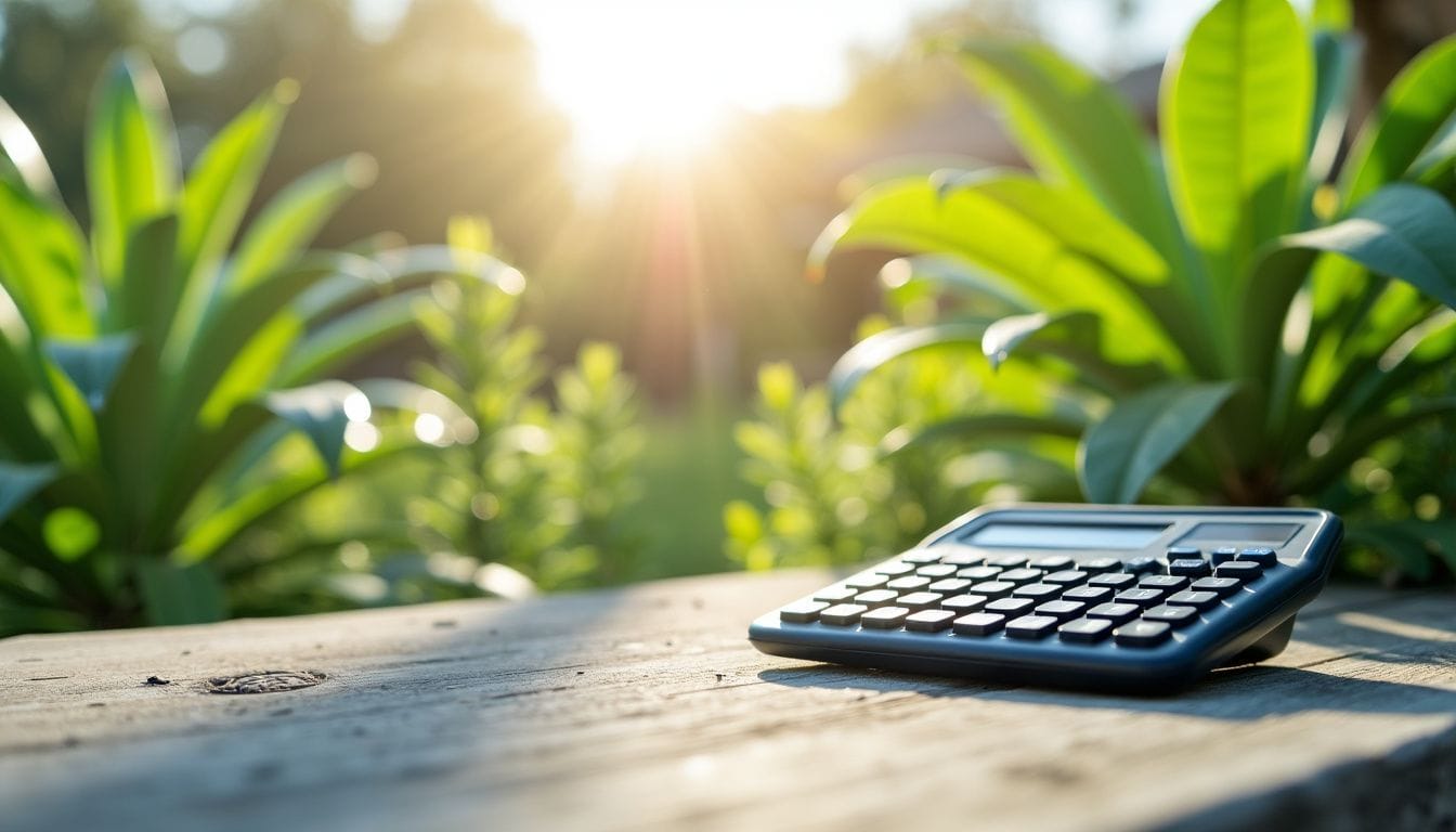 A solar panel system calculator tool set outdoors against a natural backdrop.