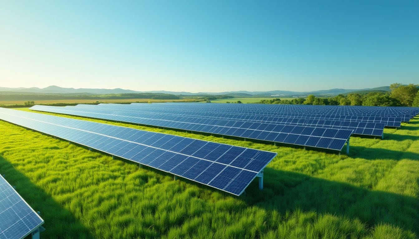 Aerial view of solar panels in a large green field.