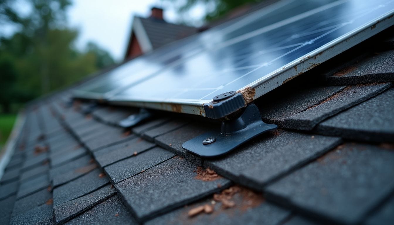 A close-up image of a solar panel installation on a residential rooftop.