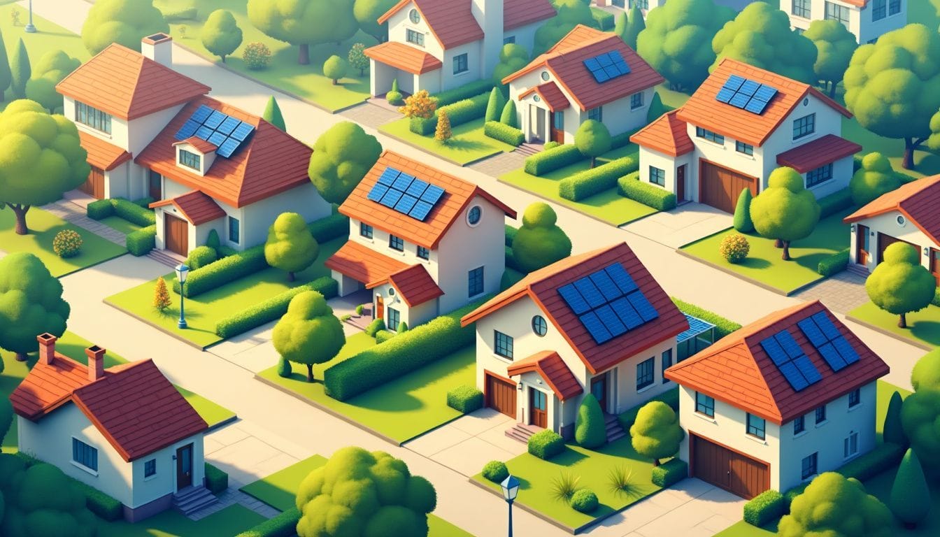 A suburban neighborhood with houses equipped with solar panels.