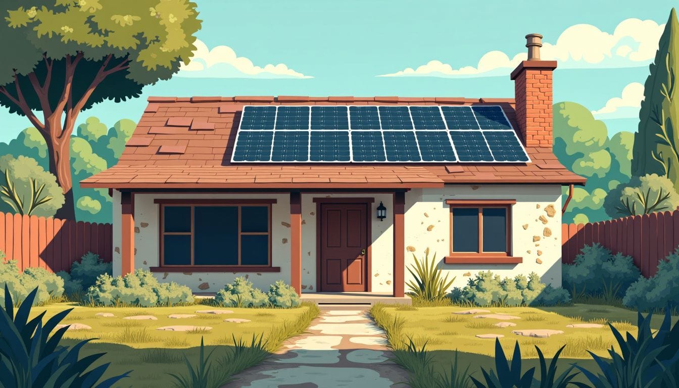 A neglected suburban house with overgrown garden and abandoned solar panels.