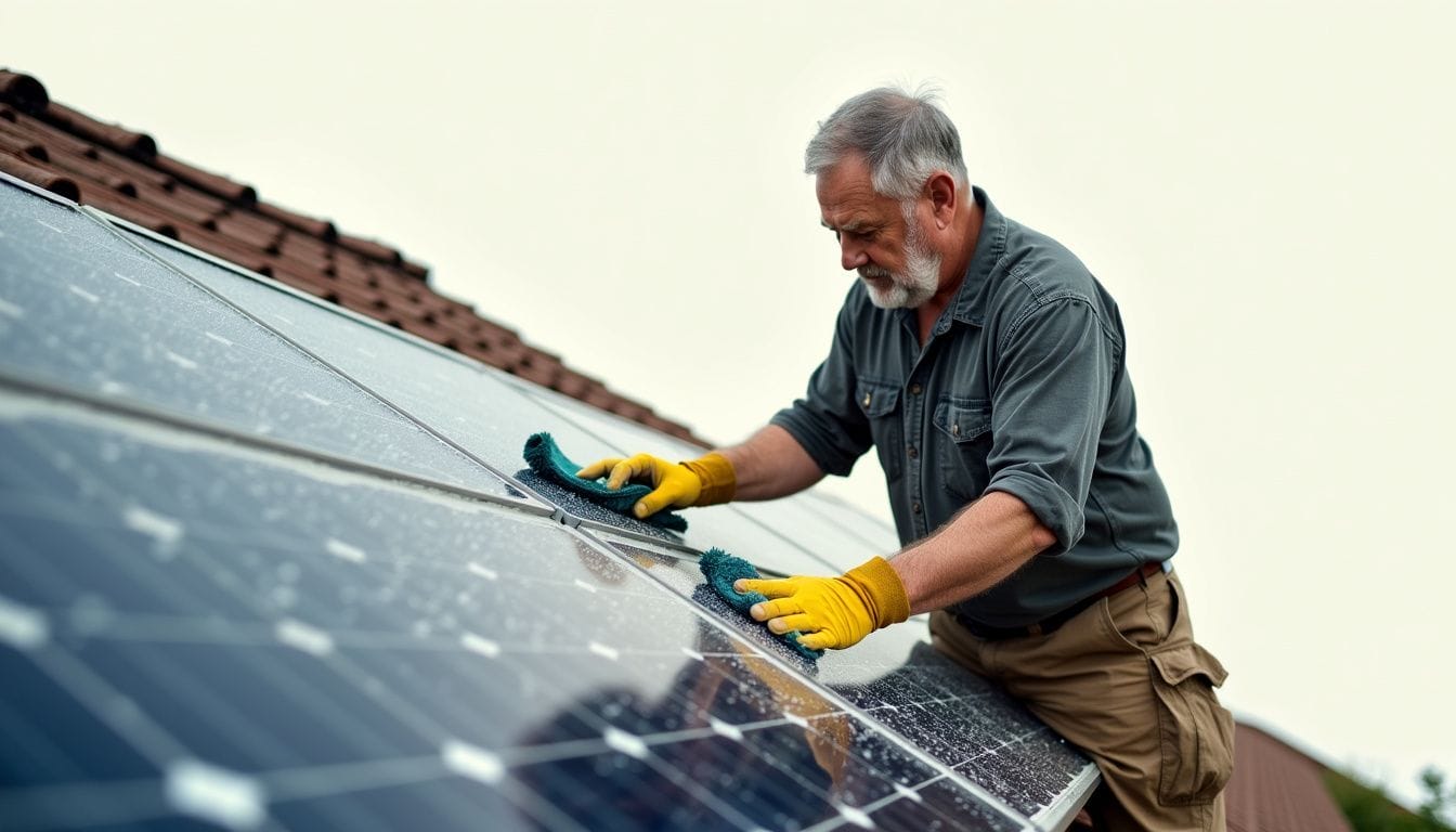 A middle-aged man is cleaning and inspecting dusty solar panels.