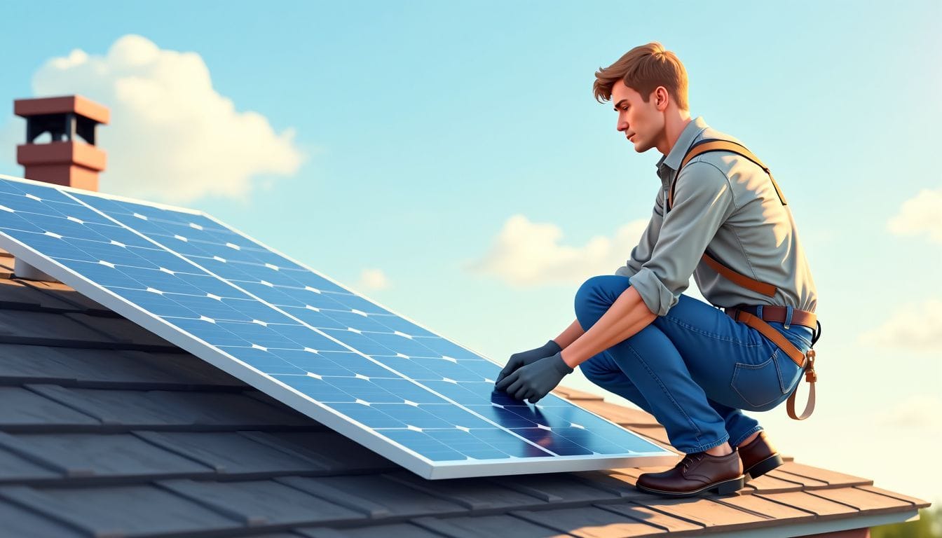 A technician installs solar panels on a residential rooftop.