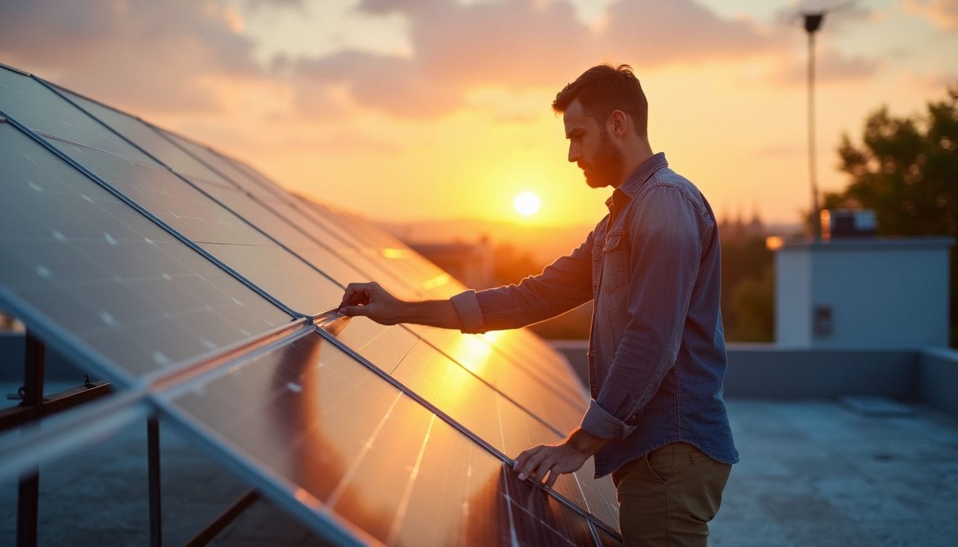 A man inspects solar panels on a rooftop during sunset.