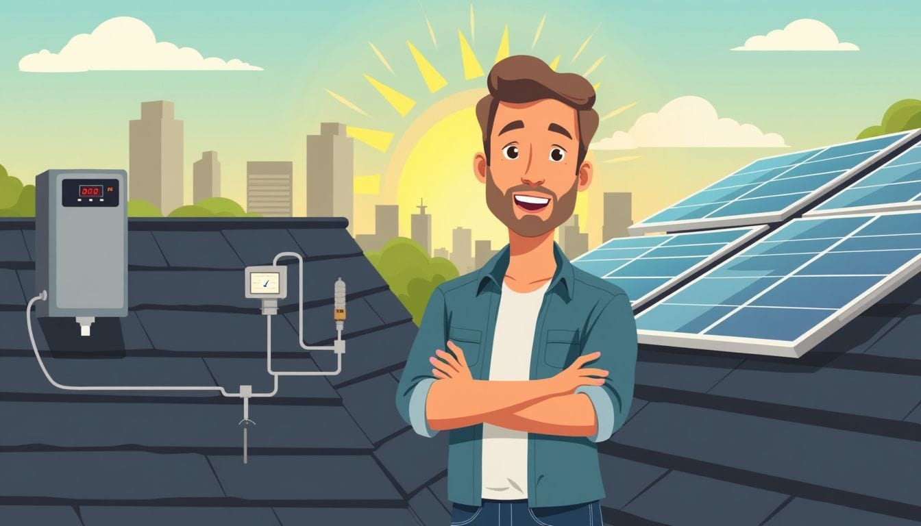 A man stands on a rooftop with a 10kW solar system.