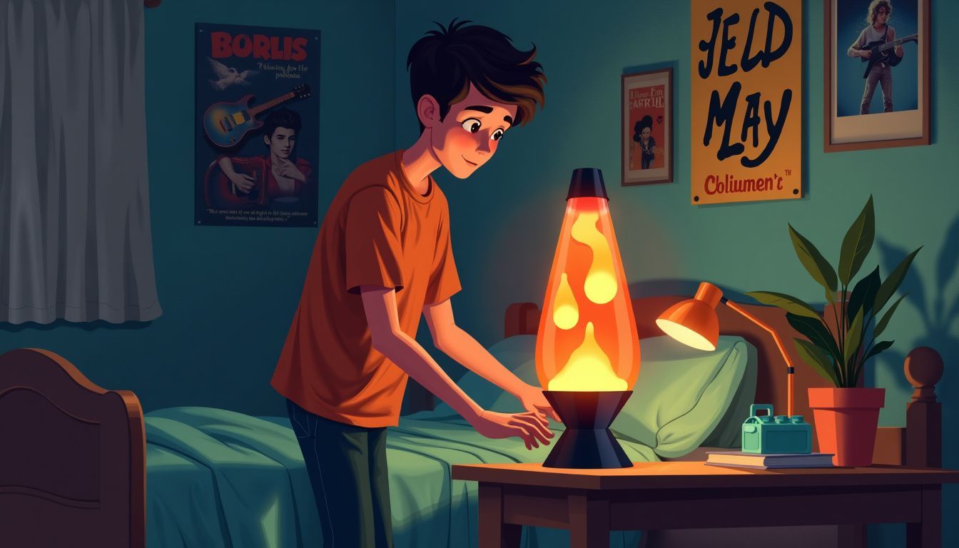 A teenage boy sets up a lava lamp in his cozy bedroom.