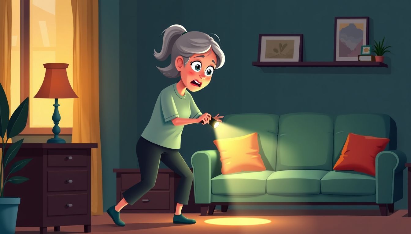 A woman uses a flashlight to navigate her dimly lit living room.