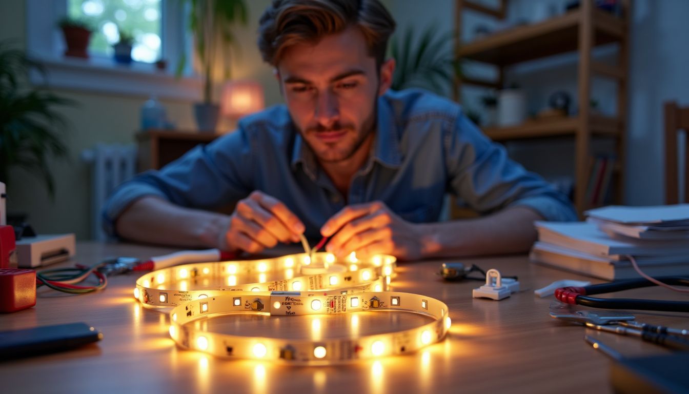 A person installing LED strip lights in a dimly lit room.